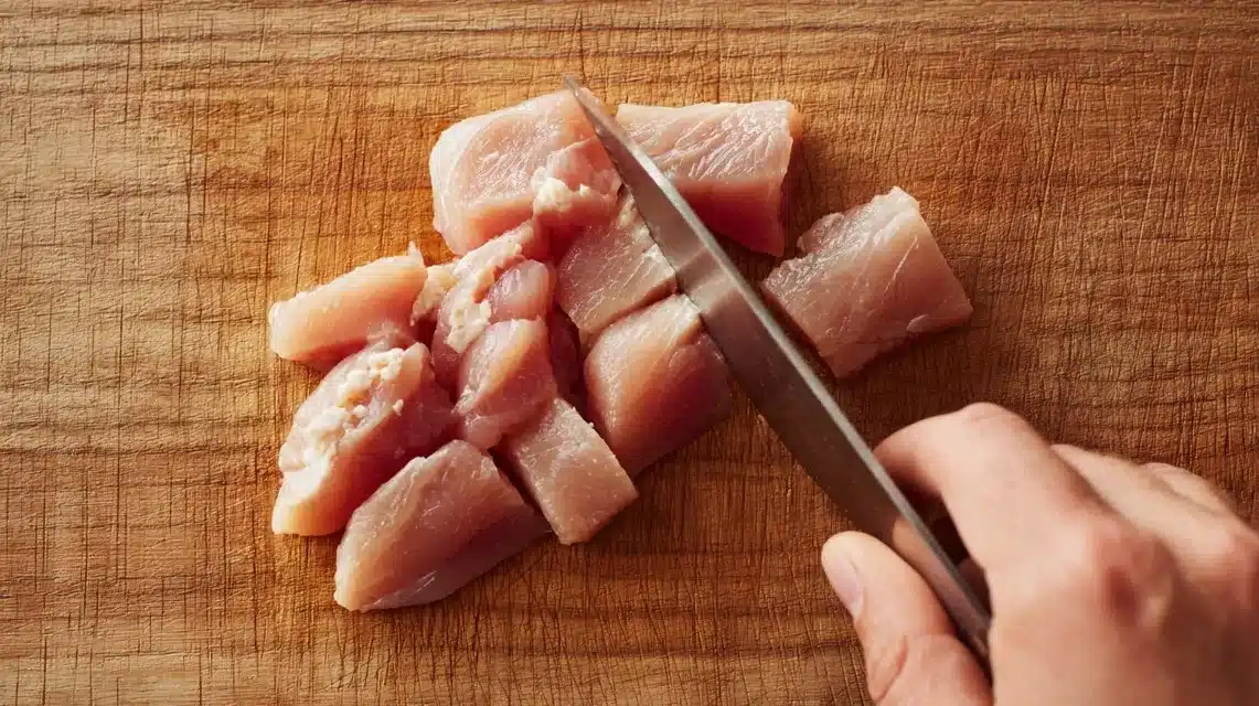 Diced chicken on cutting board