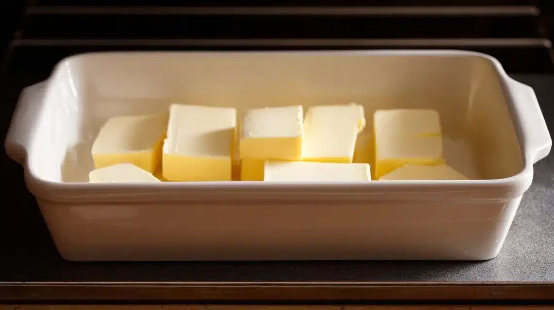 Preparing baking dish for chicken cordon bleu casserole