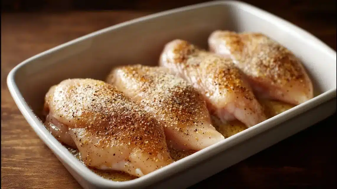 baked pesto chicken seasoned in dish