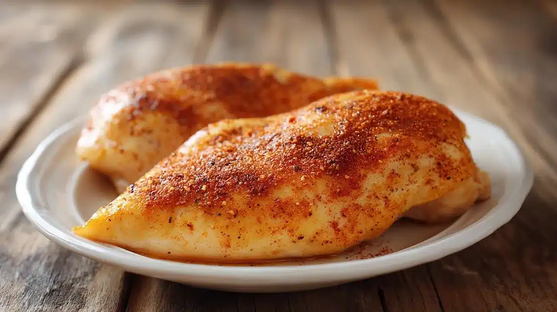 Rubbing spice blend onto chicken for smoked chicken breast recipe