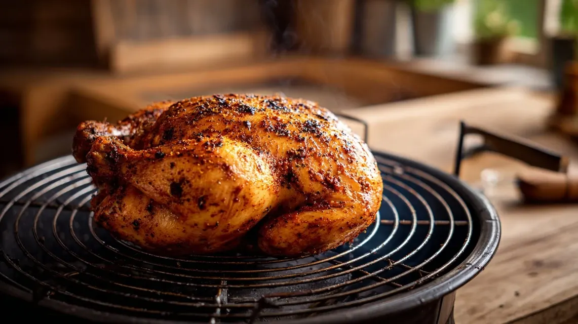 Smoked chicken breast recipe cooking on grates at 225°F