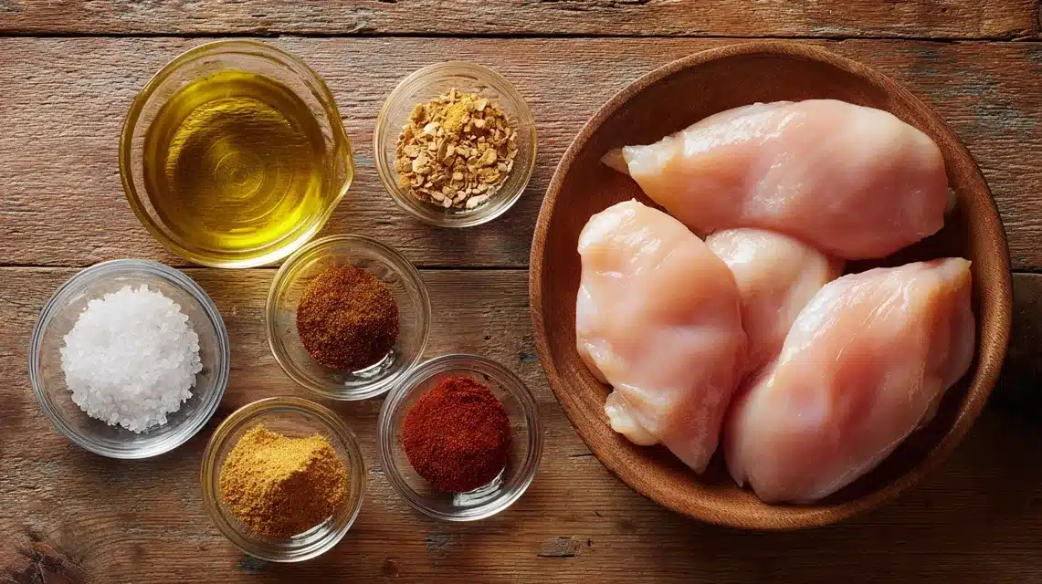 Essential ingredients for smoked chicken breast recipe on a rustic counter
