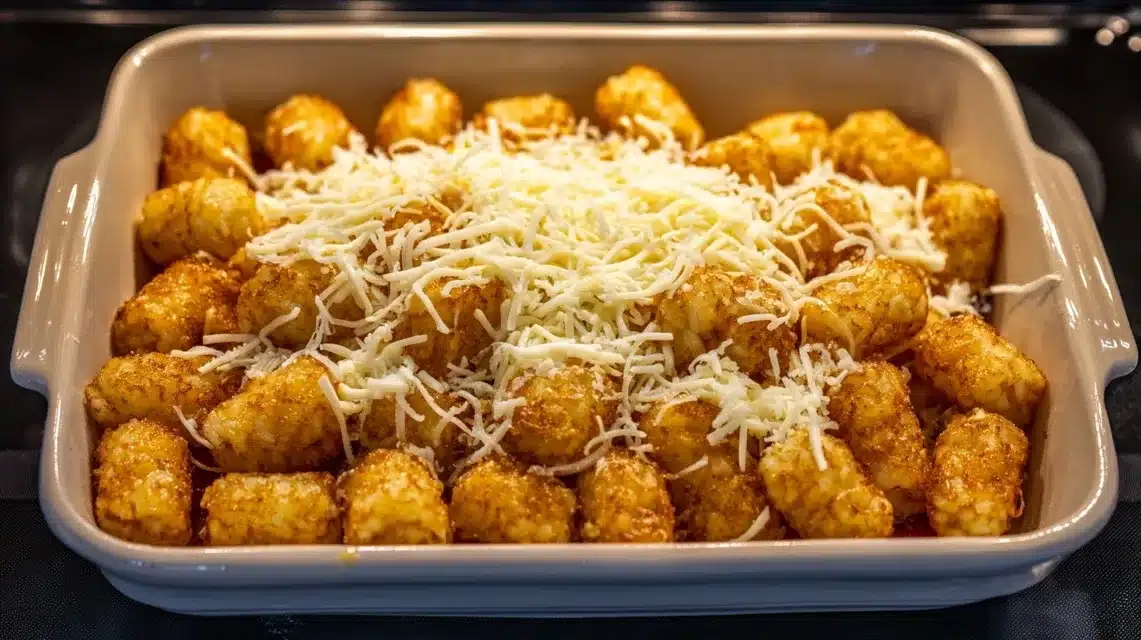 Cheese topping on chicken bacon ranch tater tot casserole