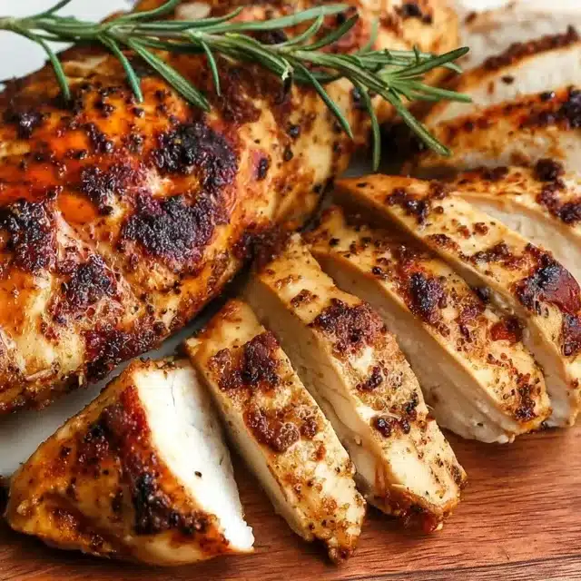 Smoked chicken breast recipe served hot and sliced on wooden board