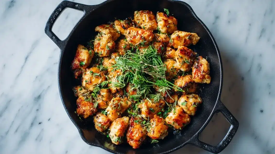 Diced chicken breast recipes served in cast iron skillet with herbs