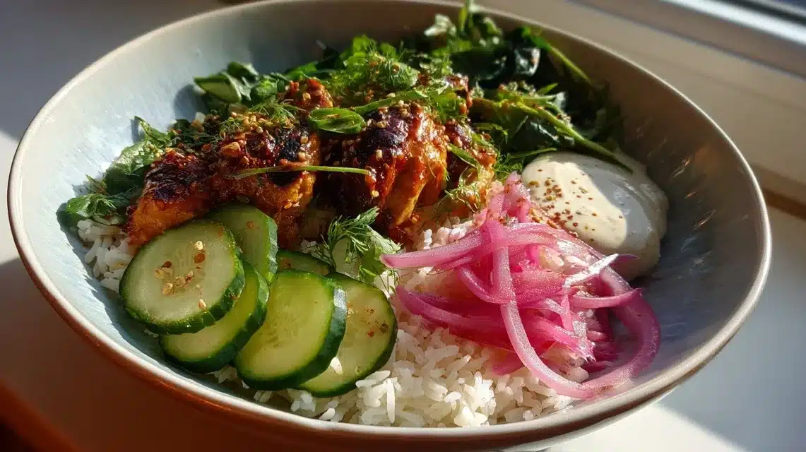 Cava-style Harissa Honey Chicken bowl