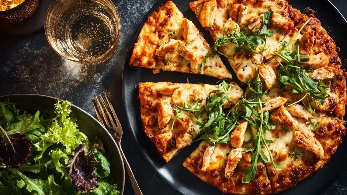 Chicken crust pizza with salad and drink