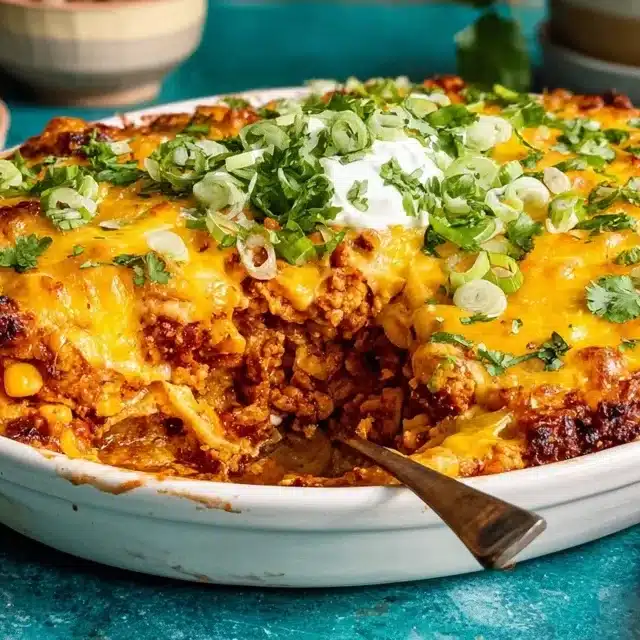 Cheesy chicken taco casserole recipe in white baking dish