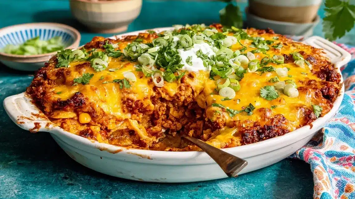 Cheesy chicken taco casserole recipe in white baking dish
