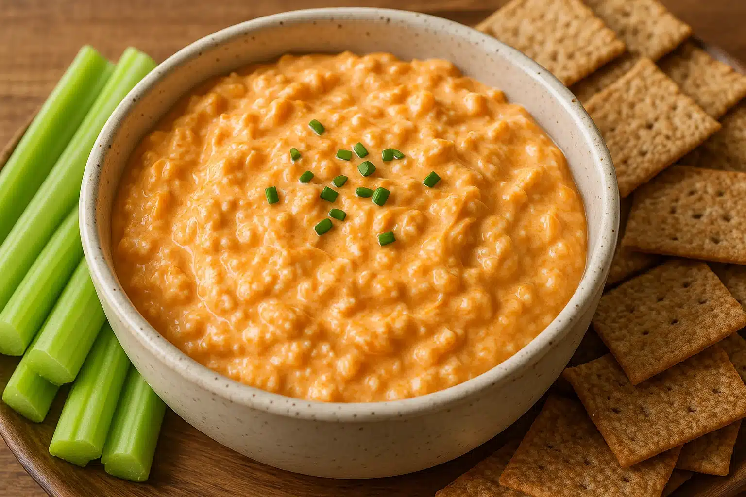 Cottage cheese buffalo chicken dip served with healthy sides