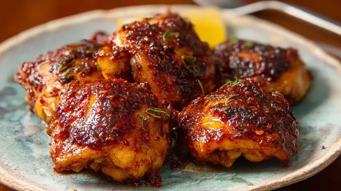 Harissa Honey Chicken glazed and served on rustic plate