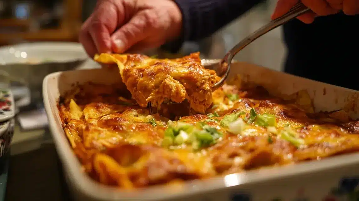 Layering green chili chicken enchilada casserole step