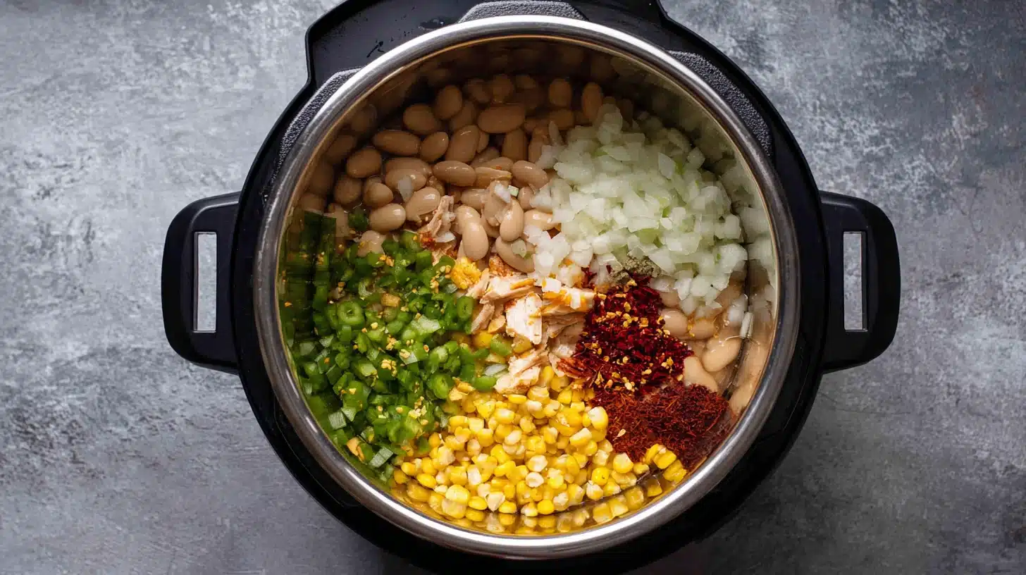 Base ingredients for chicken white bean chili instant pot