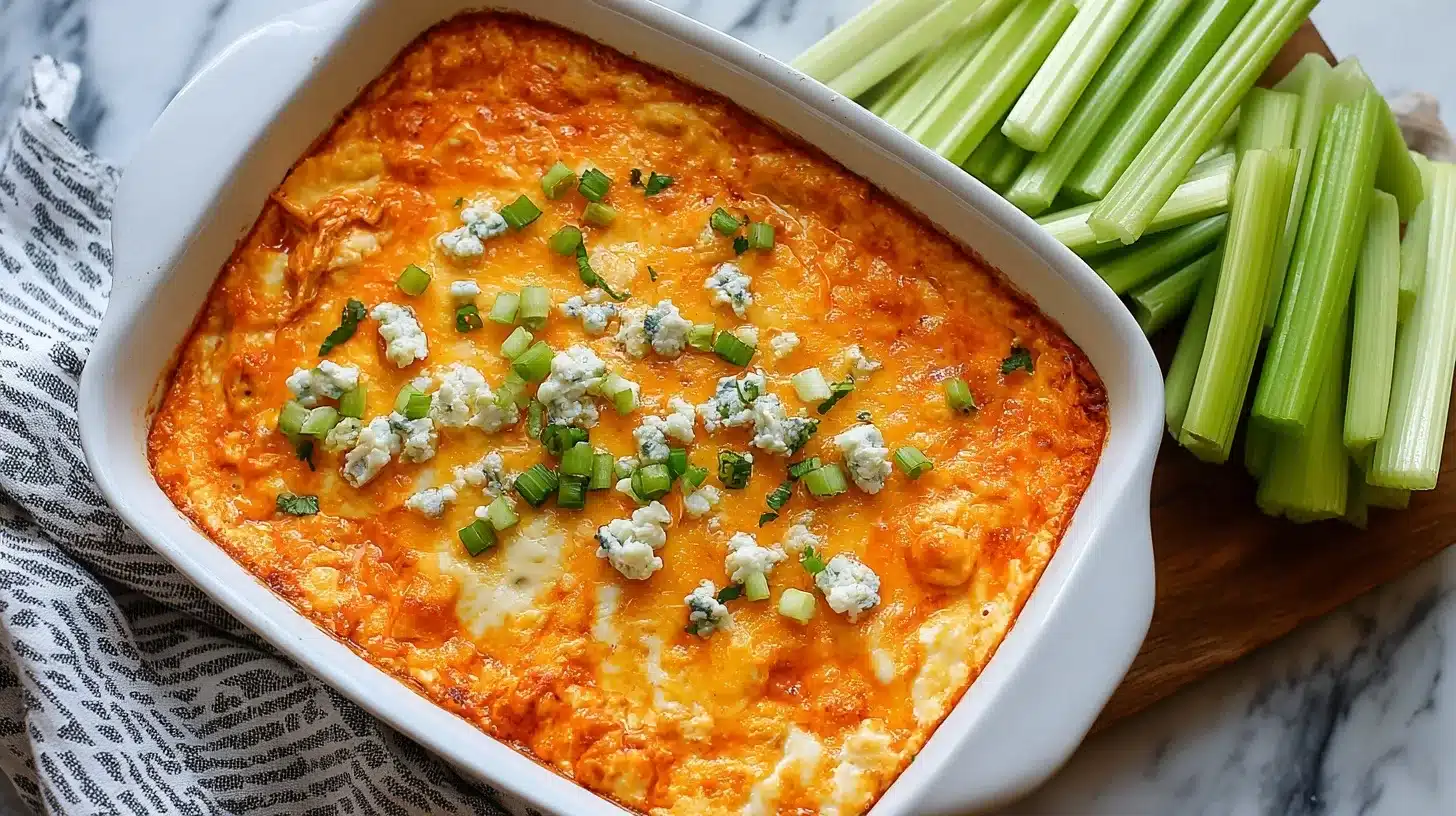Buffalo chicken dip healthy served on a rustic plate