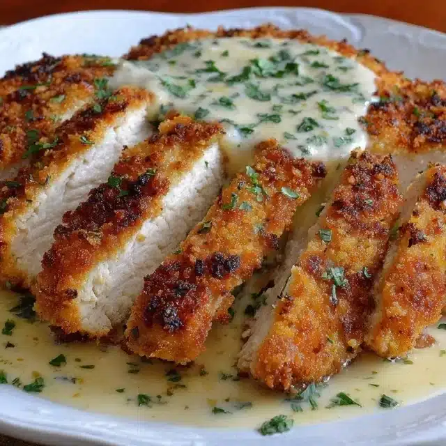 Golden parmesan crusted chicken with creamy garlic sauce on a rustic plate, garnished with parsley