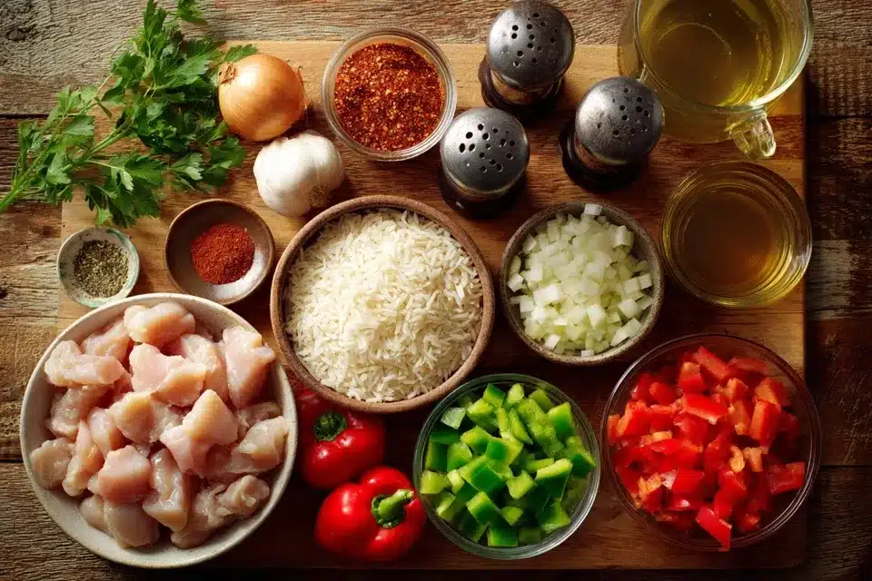  Fresh ingredients for Cajun Chicken and Rice on a wooden kitchen counter