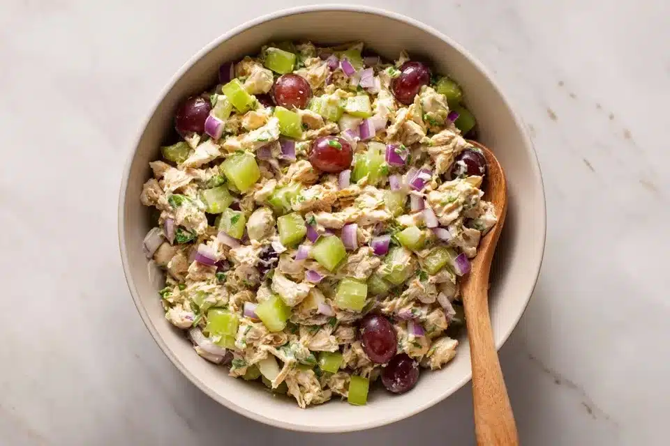 chicken salad with cottage cheese ingredients in bowl