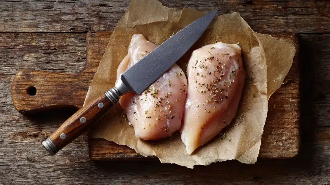 Preparing chicken for parmesan crusted chicken with creamy garlic sauce