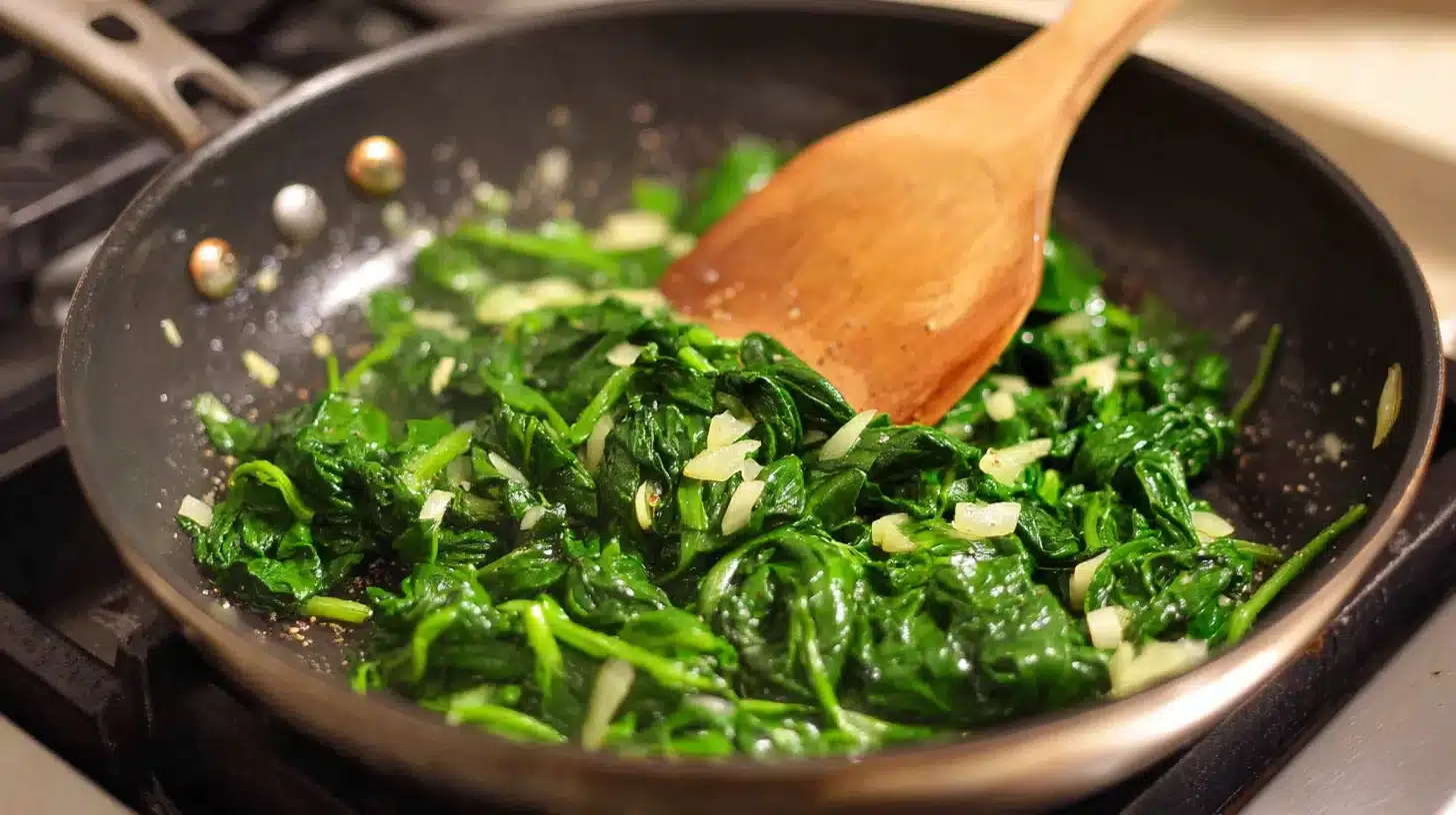 Garlic and spinach sautéed for chicken florentine pizza