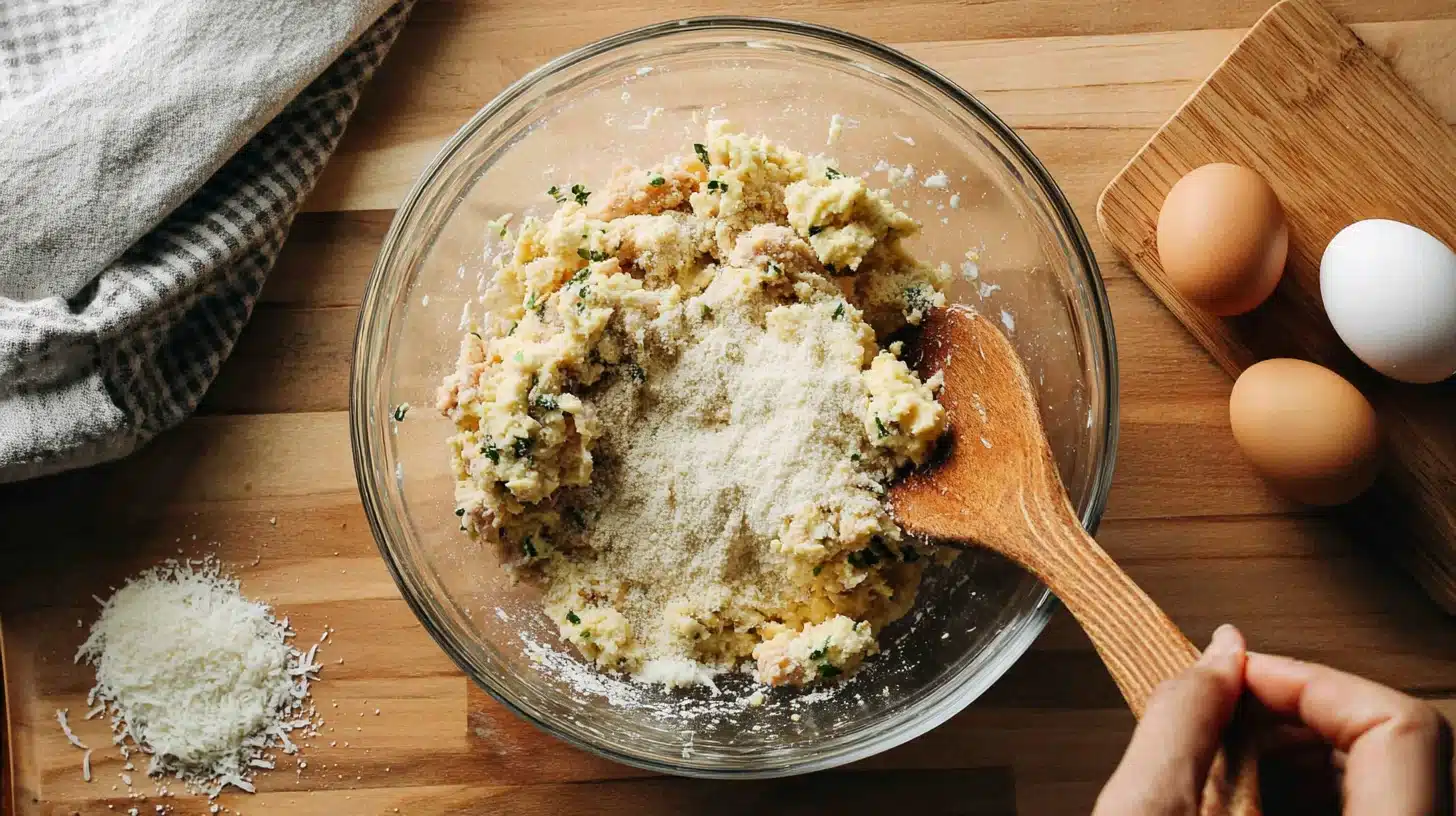 Combining ingredients for ground chicken pizza crust recipe