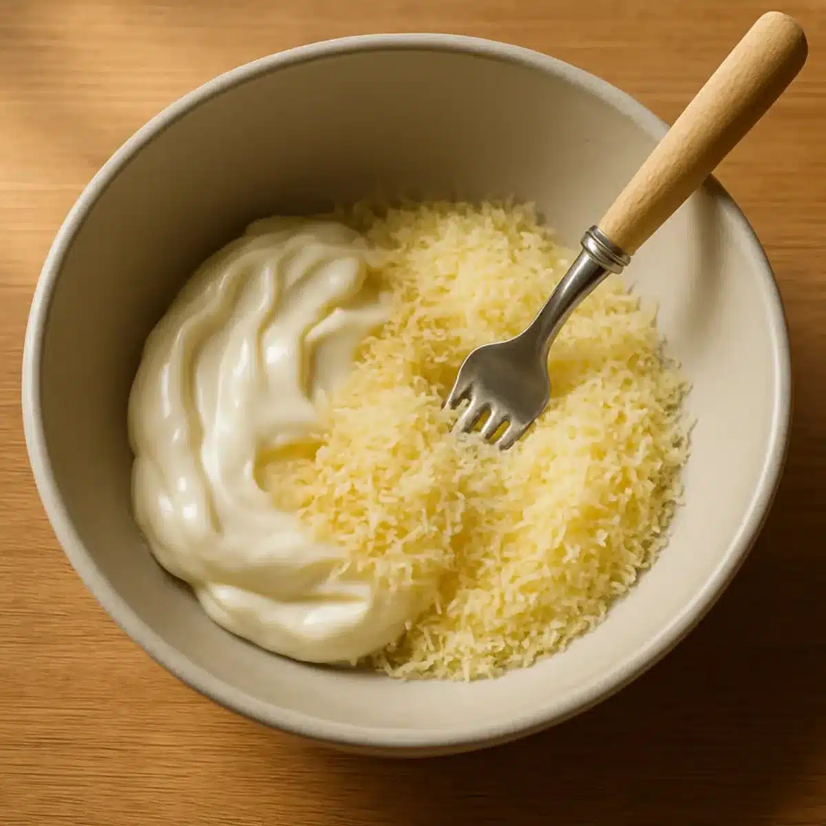 Blending mayonnaise and Parmesan for parmesan crusted chicken recipe Hellmann's