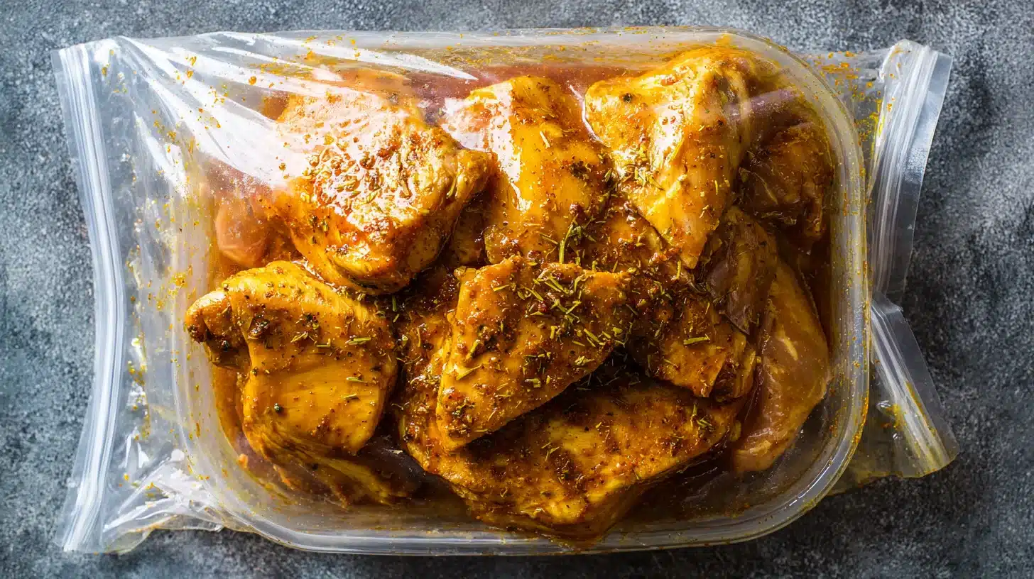 Chicken thighs marinating in teriyaki sauce