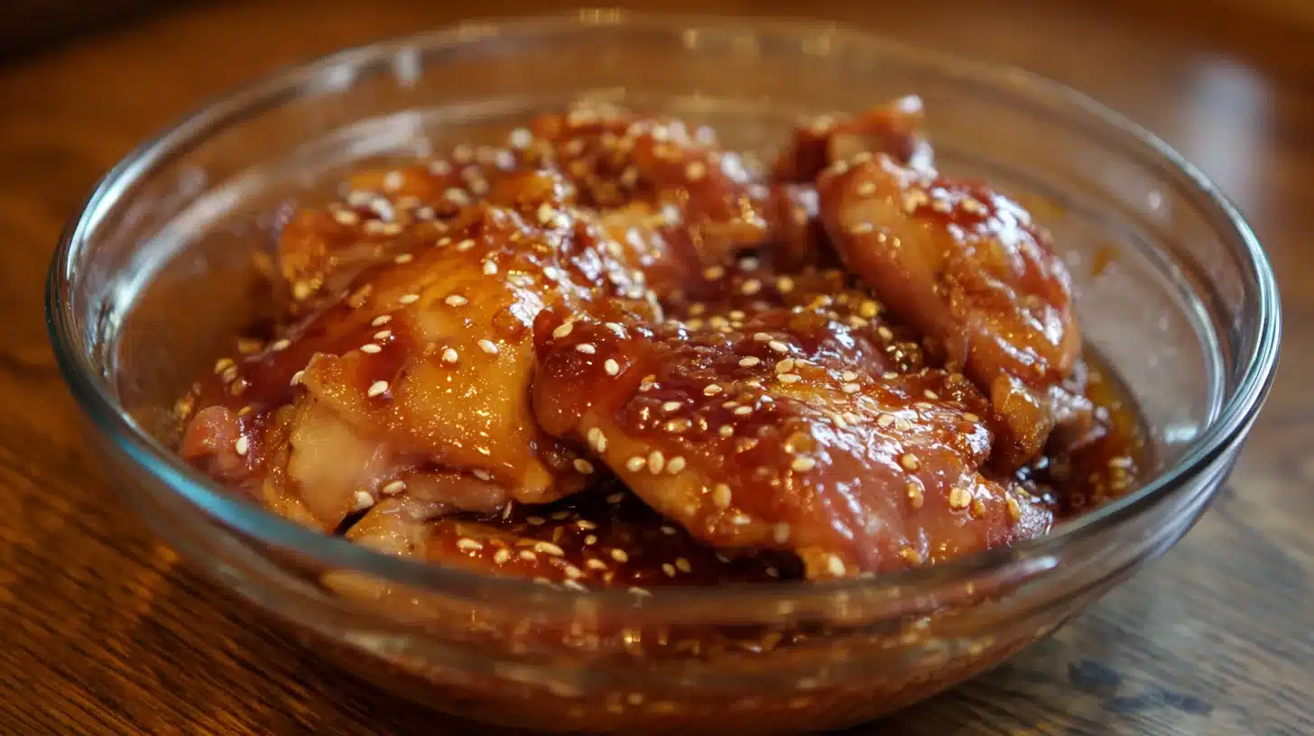 Chicken thighs soaking in Panda Express Quick Grilled Teriyaki Chicken marinade
