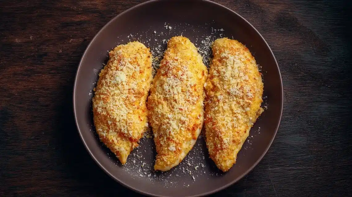 Coating chicken for parmesan crusted chicken with creamy garlic sauce