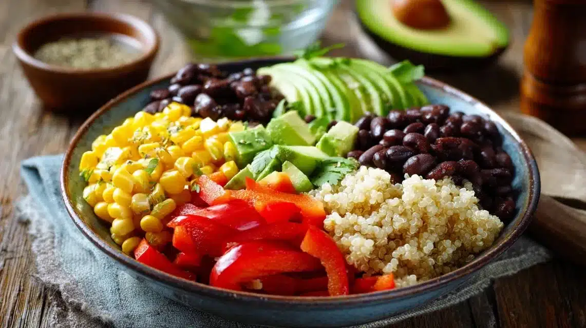 Assembling honey BBQ chicken bowls with grains and veggies