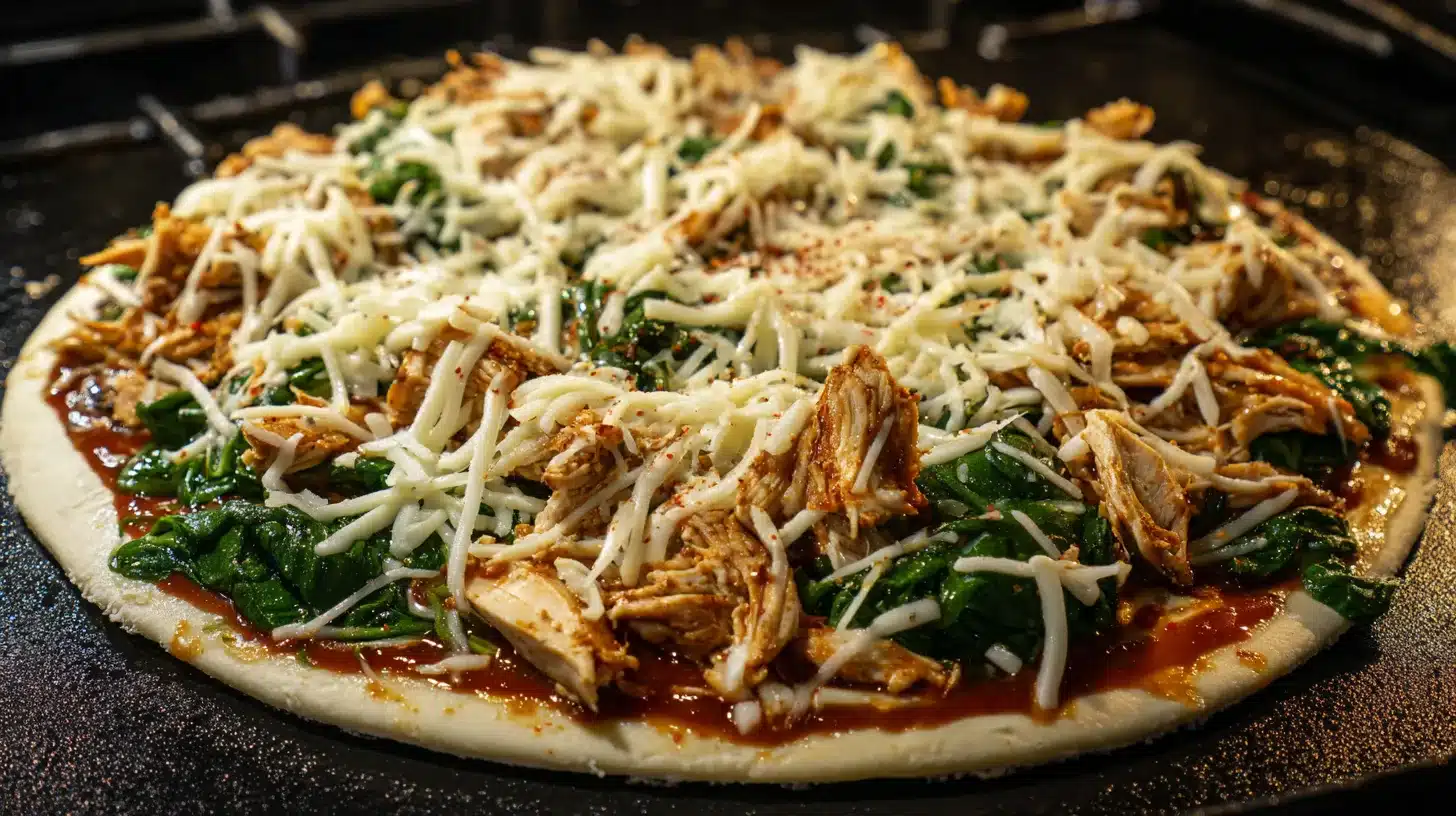 Topping chicken florentine pizza before baking