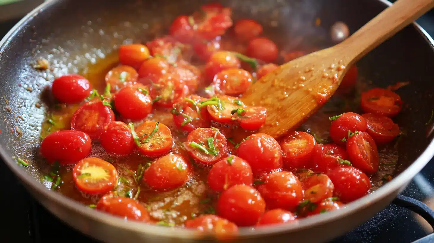 Cherry tomatoes breaking down for pasta sauce