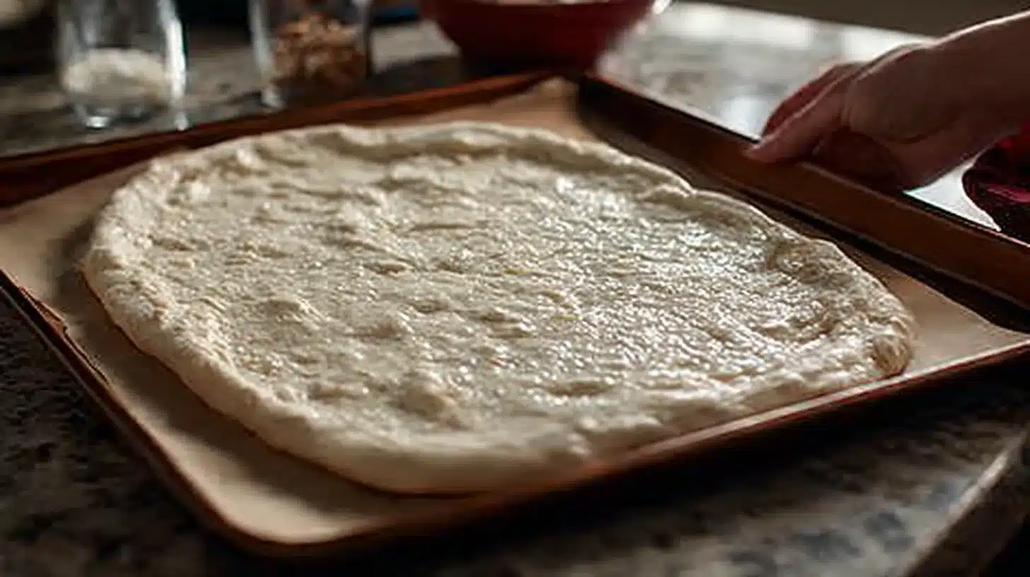 Shaping the pizza crust made with canned chicken