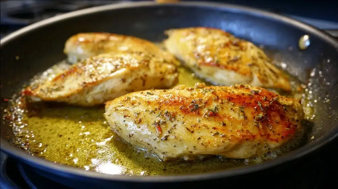 Golden crusted chicken frying in pan for parmesan crusted chicken with creamy garlic sauce