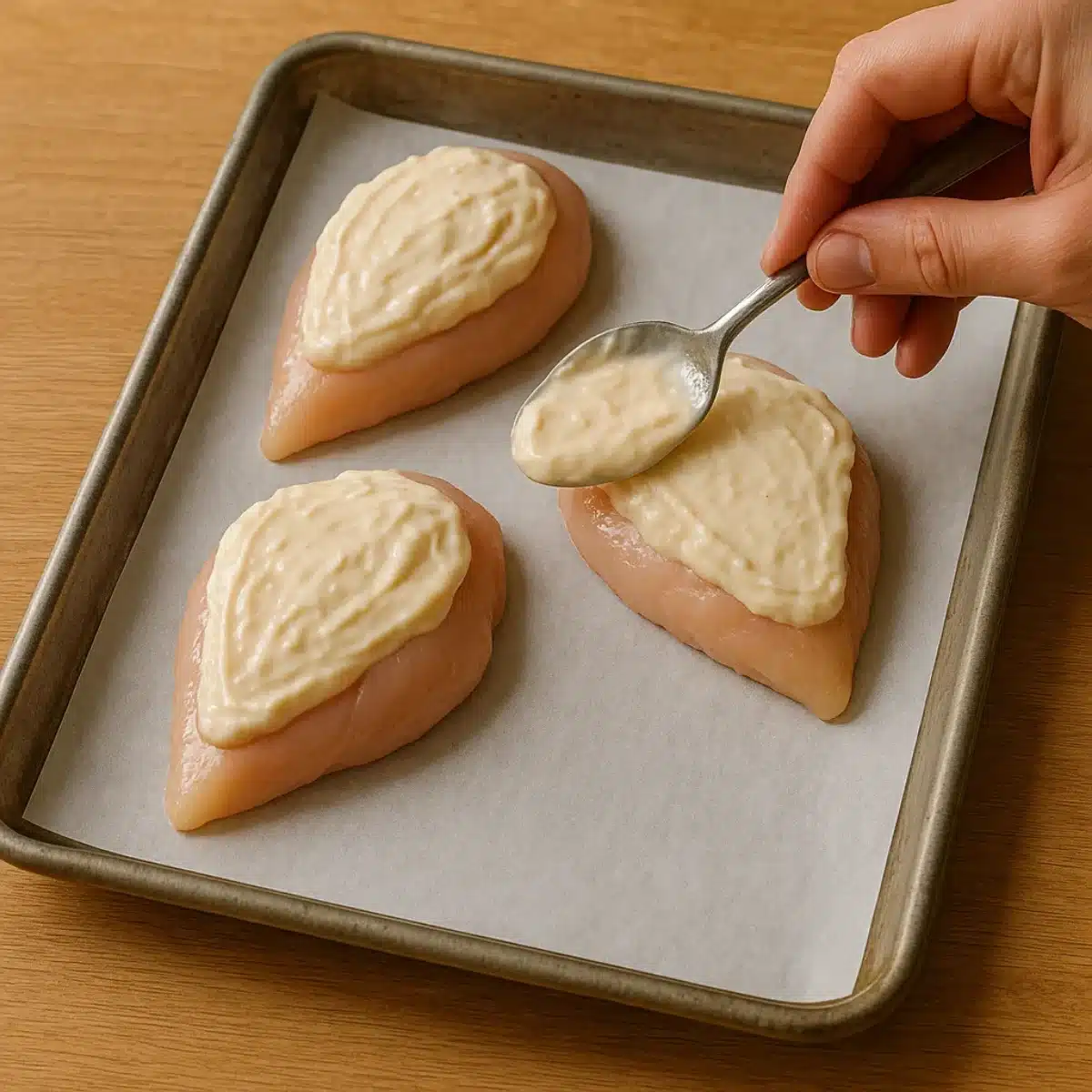 Applying topping in parmesan crusted chicken recipe Hellmann's