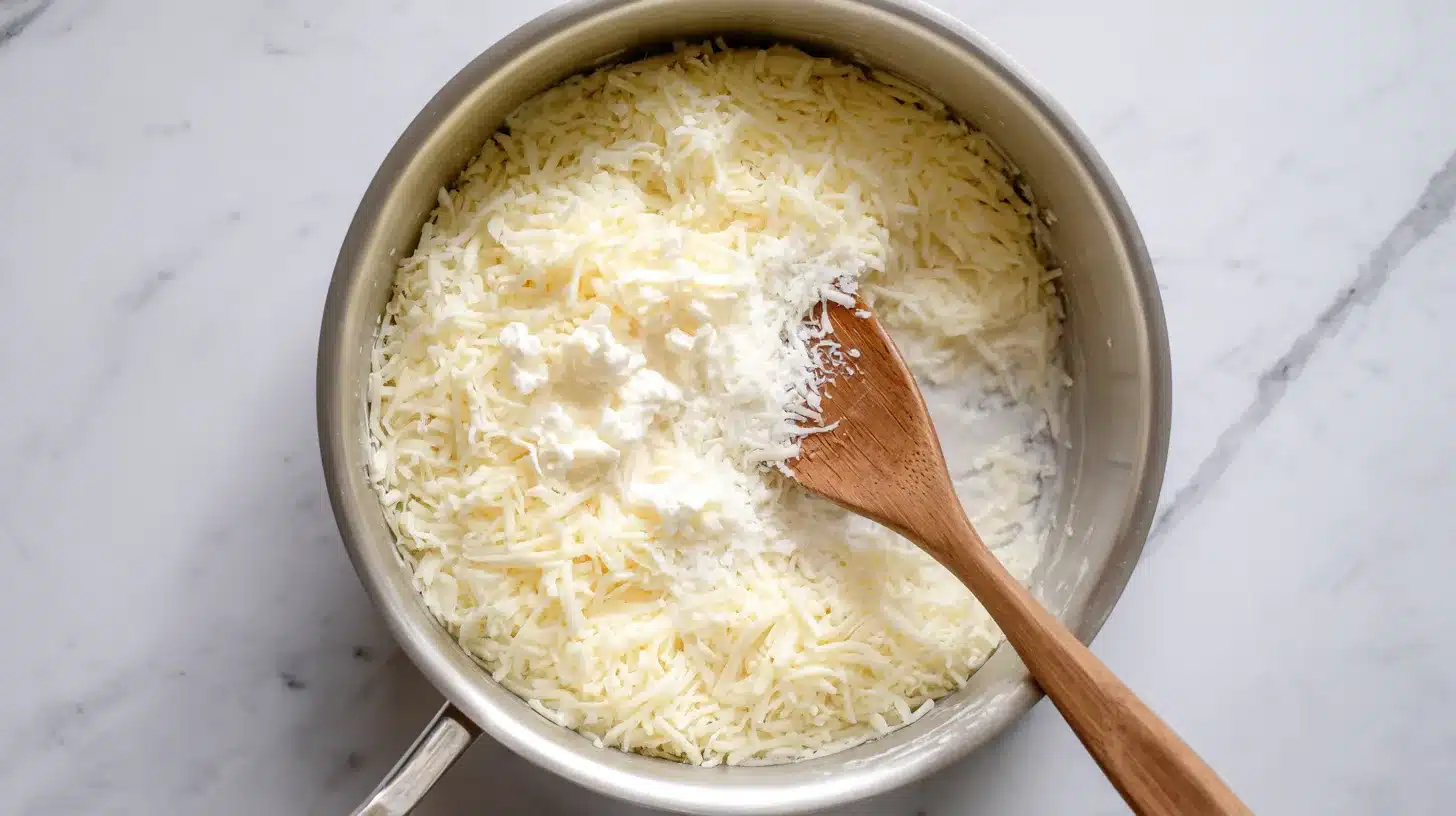 Cheese melting into chicken alfredo orzo