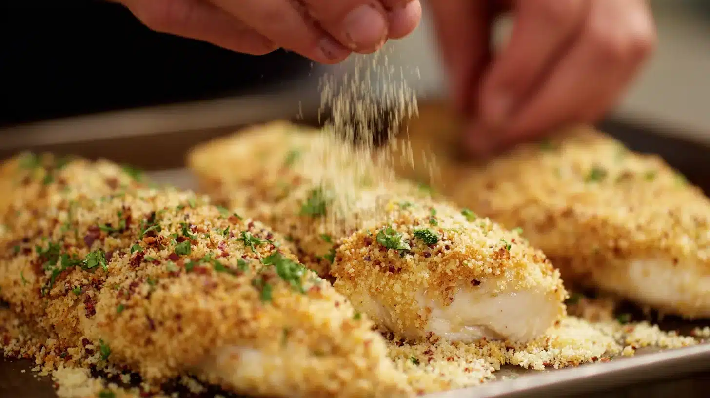 Sprinkling breadcrumbs over coated chicken breasts
