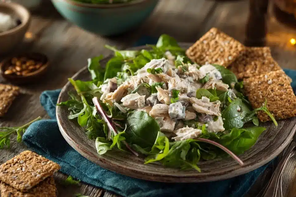 chicken salad with cottage cheese served on greens