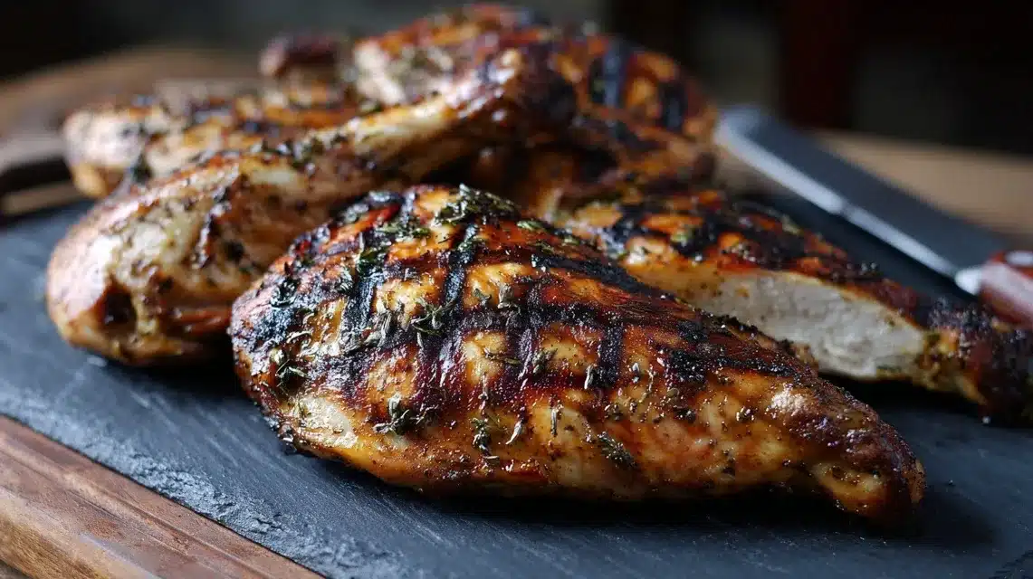 Grilled boneless chicken thighs resting before serving