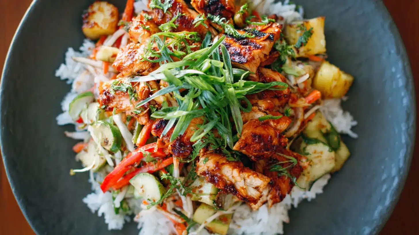 Hawaiian BBQ chicken recipe served on a rustic plate