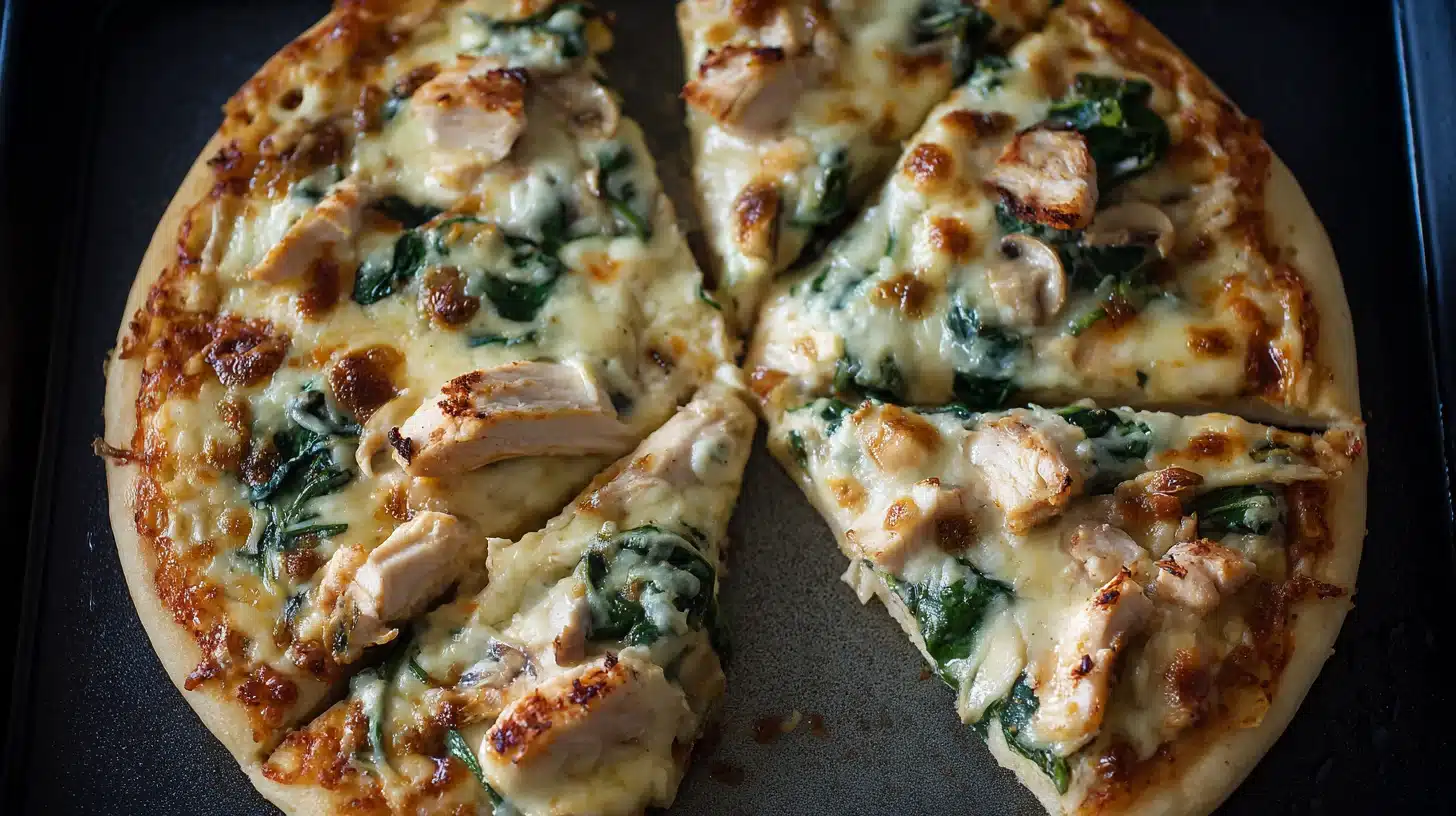 Slicing fresh chicken florentine pizza