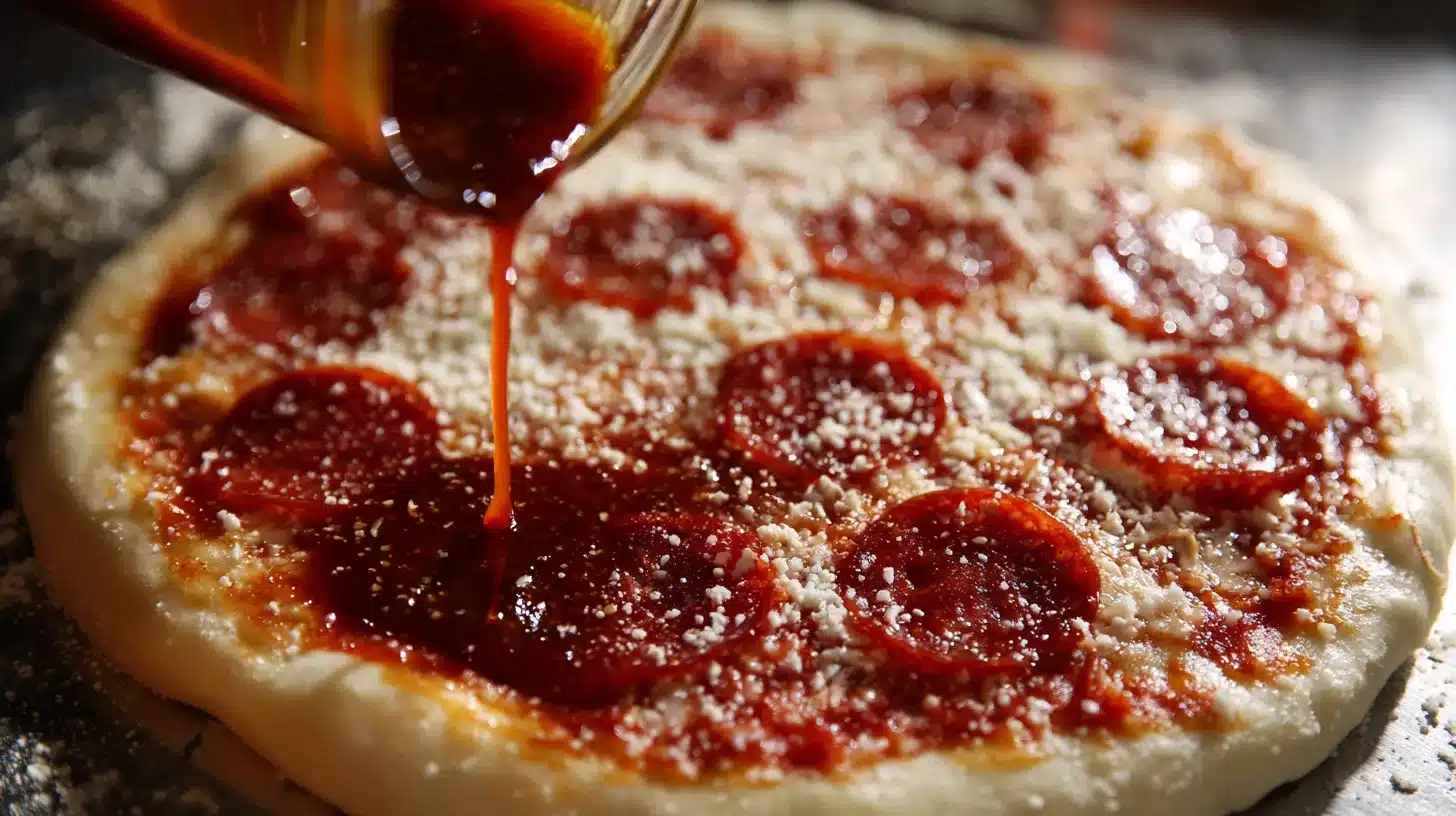 Topping canned chicken pizza crust with sauce and cheese