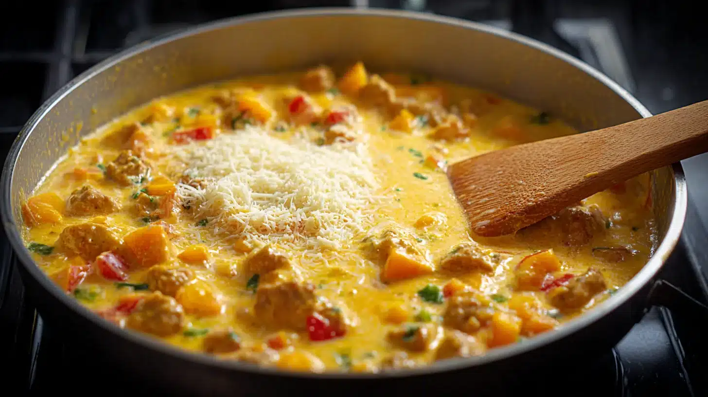 Finishing Peruvian chicken stew with milk and parmesan