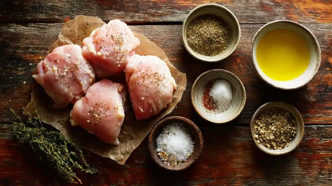 Ingredients laid out for grilled boneless chicken thighs