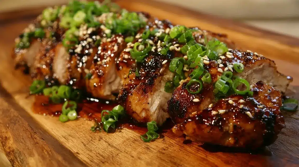 Grilled teriyaki chicken on cutting board with garnish