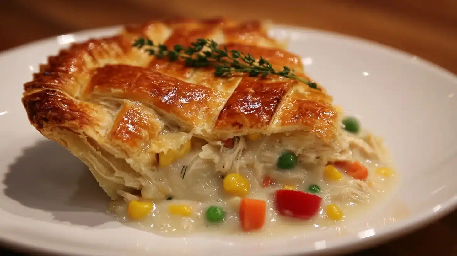 Chicken pot pie with cream of chicken soup cooling on kitchen counter