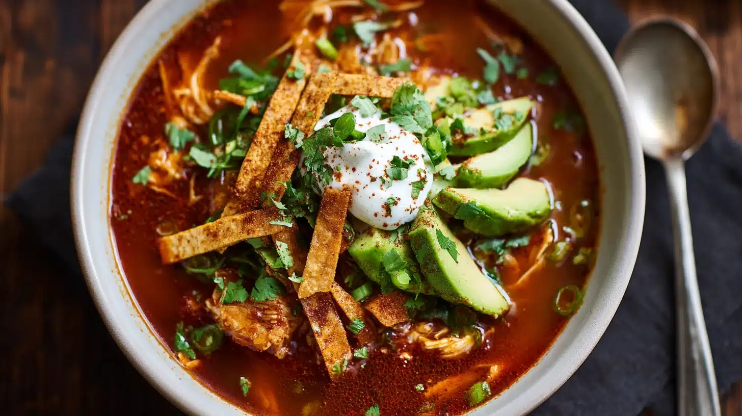 Spicy chipotle chicken soup served on a rustic plate