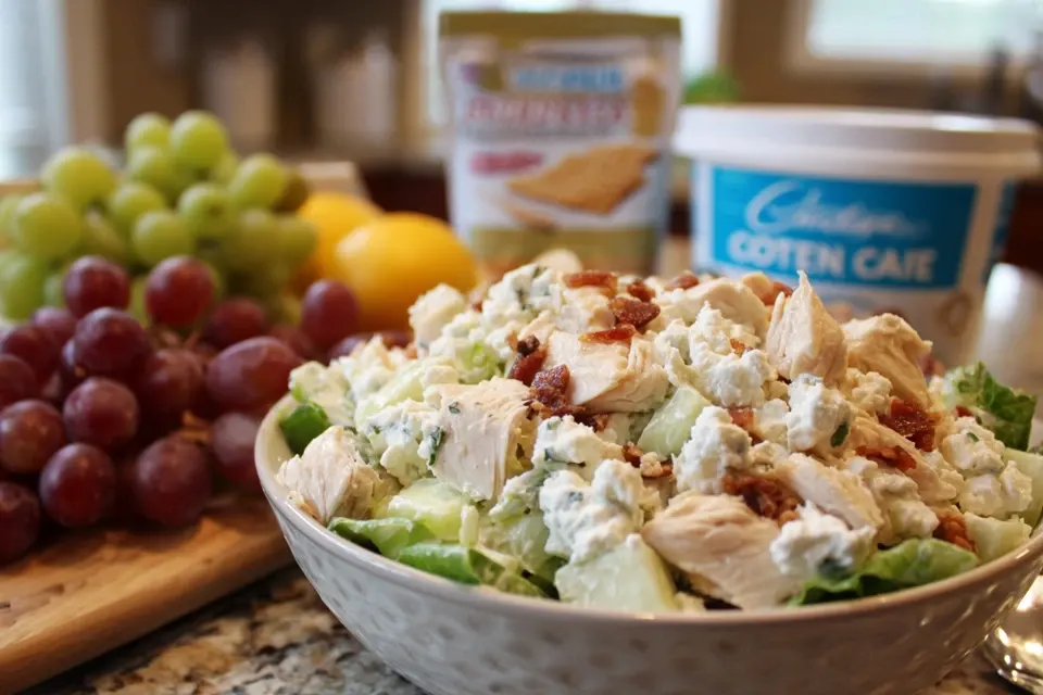 chicken salad with cottage cheese ingredients laid out on wood counter