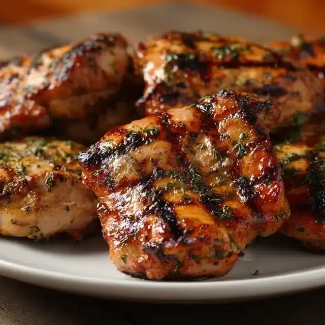 Grilled boneless chicken thighs served on a rustic plate