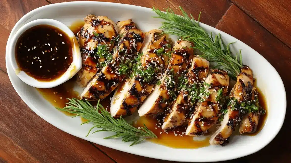Grilled teriyaki chicken cooking on hot grill