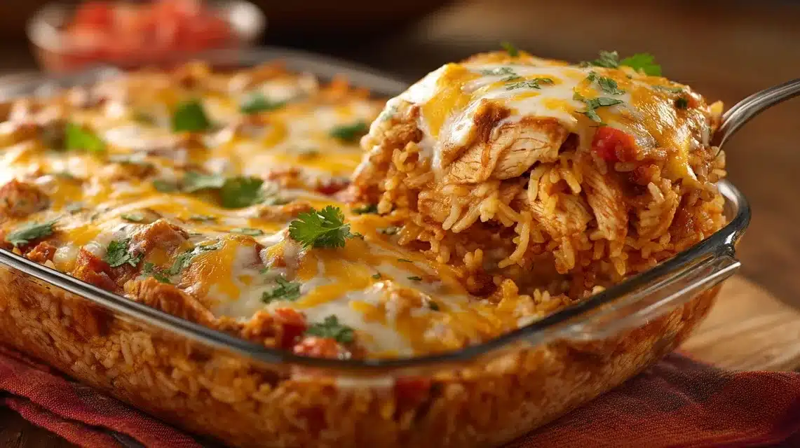 Mexican chicken and rice bake with melted cheese and cilantro in a glass dish